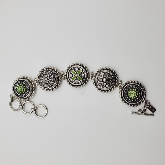 GS Silver Tone Green Rhinestone Bracelet Enamel Link Fashion Jewelry 7 1/2" - Picture 9 of 10